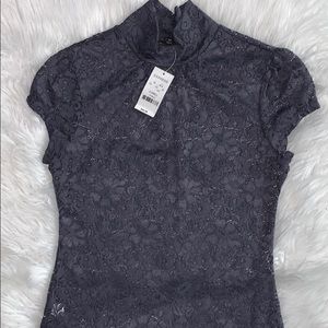 Express gray lace high collar short sleeve top